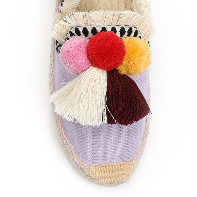 Dam Sandaler Slip-On Hampa Med Dekorativa Puffbollar 7