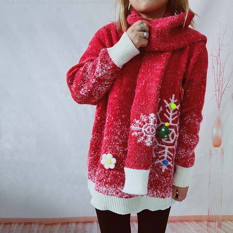 Dam Tröja Juldesign Långärmad Blandat Tyg med Halsduk Set 1