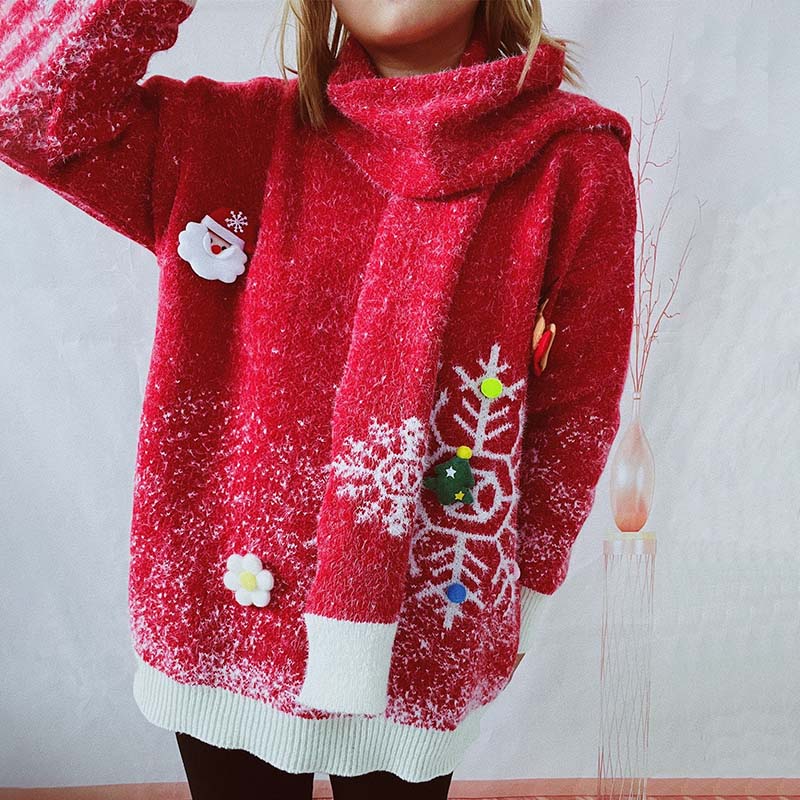 Dam Tröja Juldesign Långärmad Blandat Tyg med Halsduk Set 2