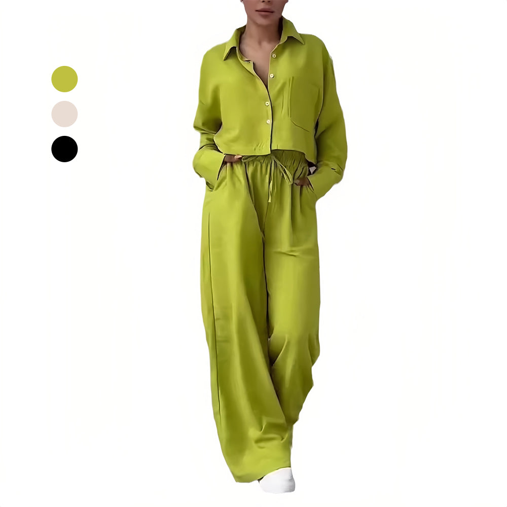 Dam Set Långärmad Topp Vida Byxor Bomull Linne-5