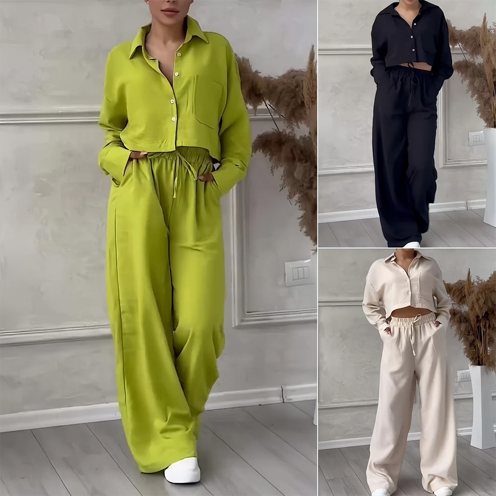 Dam Set Långärmad Topp Vida Byxor Bomull Linne-4