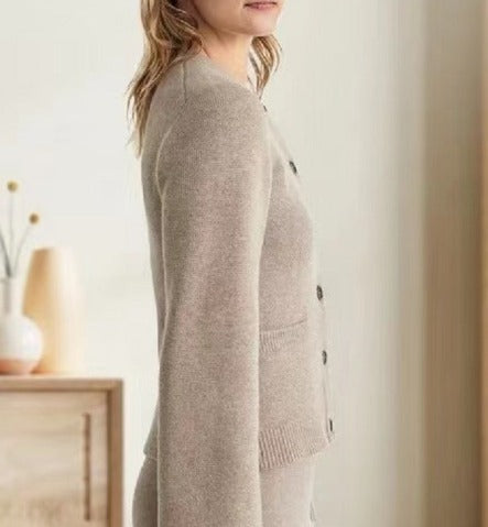 Lång Kofta Dam Stickad med Knappar och Väskor-3