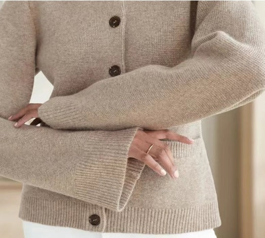 Lång Kofta Dam Stickad med Knappar och Väskor-4