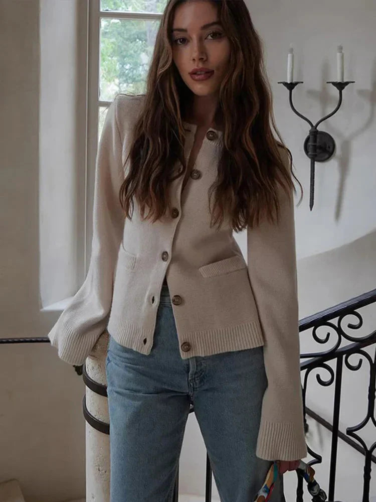 Lång Kofta Dam Stickad med Knappar och Väskor-6