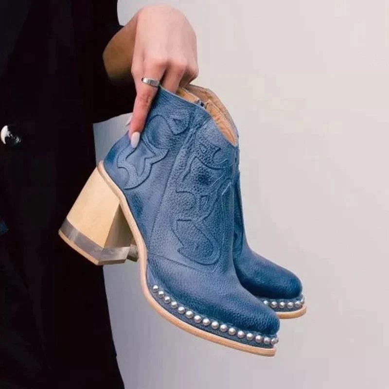 Dam Läderstövlar Chunky Klackar Broderade-4