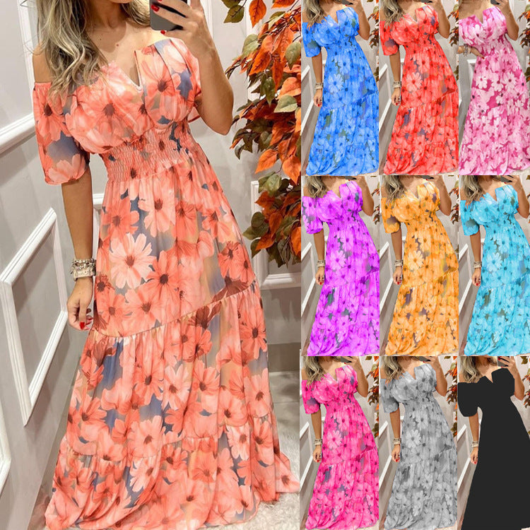 Damklänning Vintage Blommig Hög Midja Polyester Lång Kjol 1