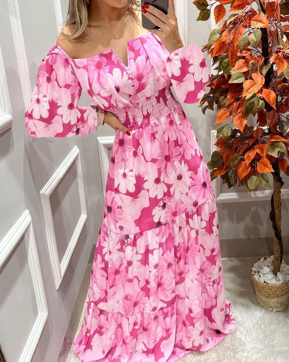 Damklänning Vintage Blommig Hög Midja Polyester Lång Kjol 5