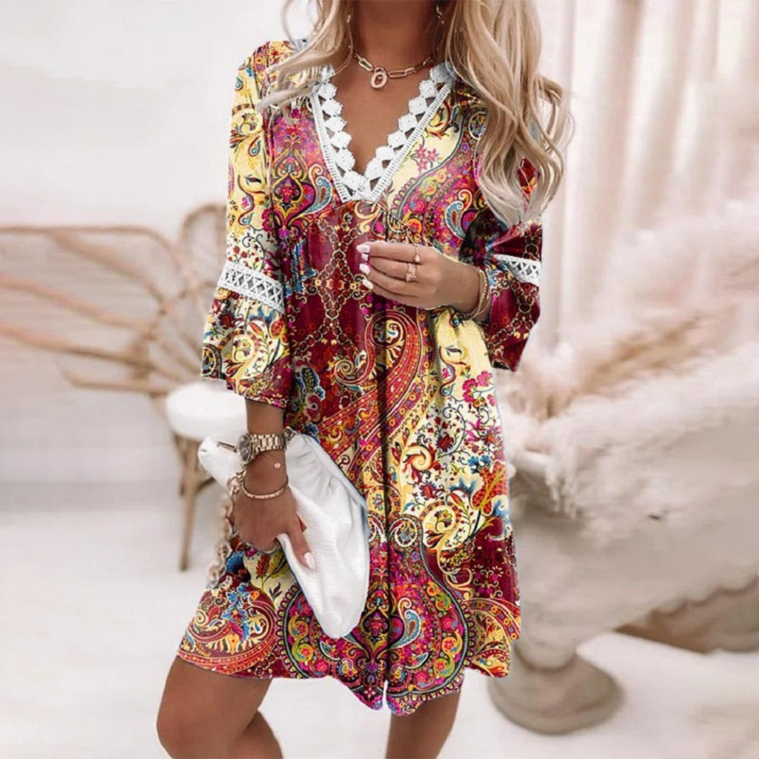 Kvinnors Boho Spetsrock V-ringad Polyester med Tryckt Mönster 8