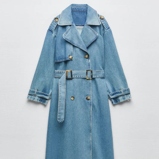 Lång Trenchcoat Dam Slim Fit med Midjebälte Polyester och Bomull-1