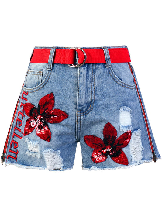 Kvinnors Denimshorts Blommönster Polyester och Bomull-1