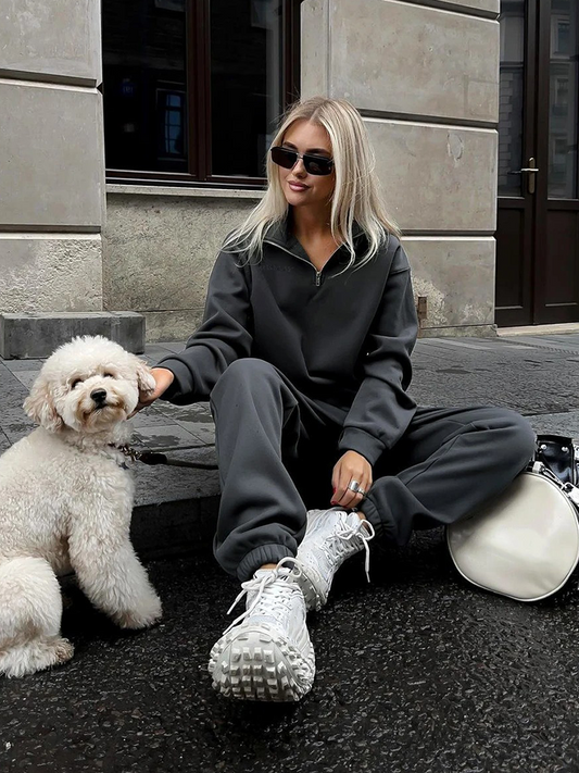 Kvinnors Loungewear Set Halvdragkedja Mjuk Andningsbar VĂ€v-1