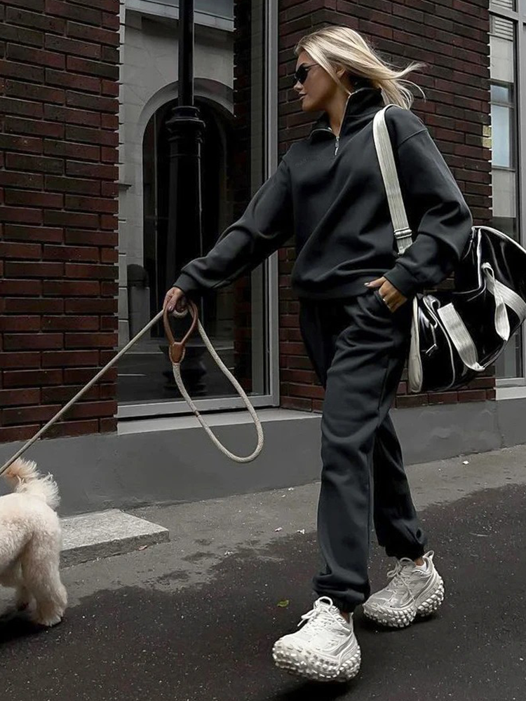 Kvinnors Loungewear Set Halvdragkedja Mjuk Andningsbar Väv-3