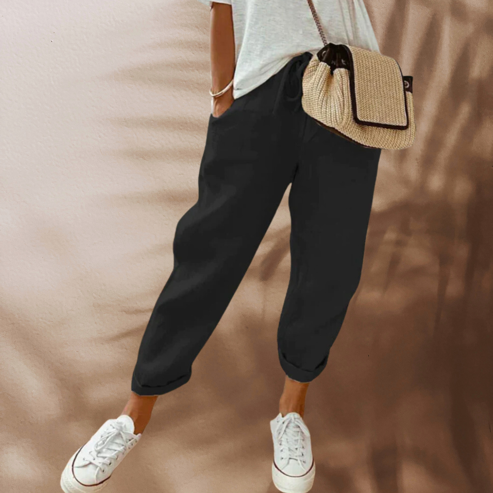 Dam Linnebyxor Casual Elegant Hög Midja 100% Linne-2