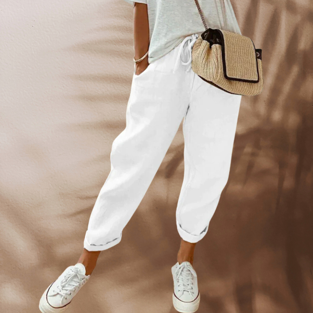 Dam Linnebyxor Casual Elegant Hög Midja 100% Linne-5