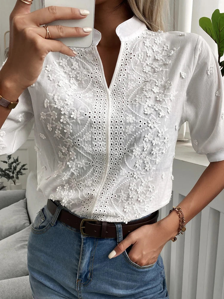 Dam Blus V-ringad Elegant Design Högkvalitativt Tyg-5
