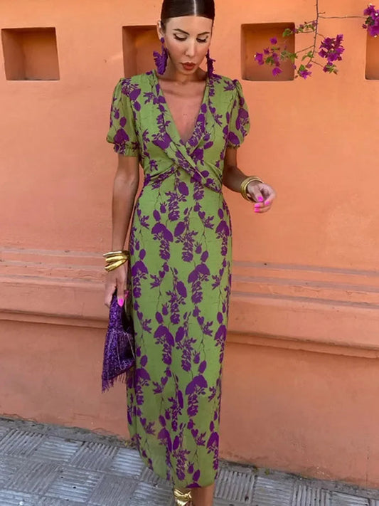 Kvinnors Midi-klänning V-ringning Wrap Blommönster Polyester 1