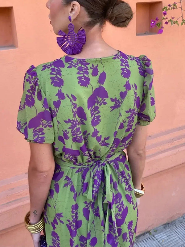 Kvinnors Midi-klänning V-ringning Wrap Blommönster Polyester 5