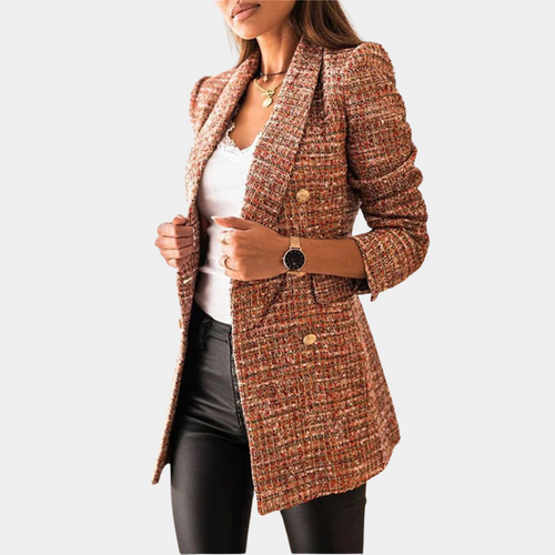 Kvinna Dubbelradad Blazer Tweed Elegant Design-1