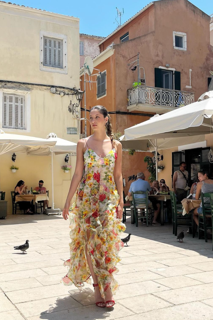 Kvinnors Chiffongklänning Romantisk Blommönster med Slits-6