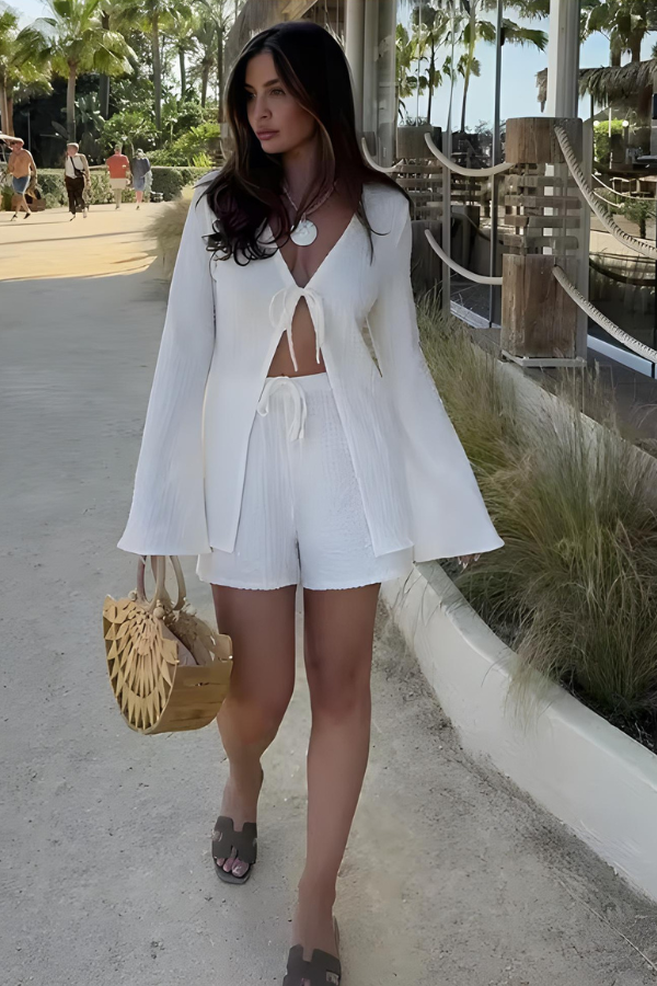 Avslappnat Dam Strandset med Topp och Höga Shorts i Mjukt Andningsbart Tyg – Perfekt för Sommardagar 4