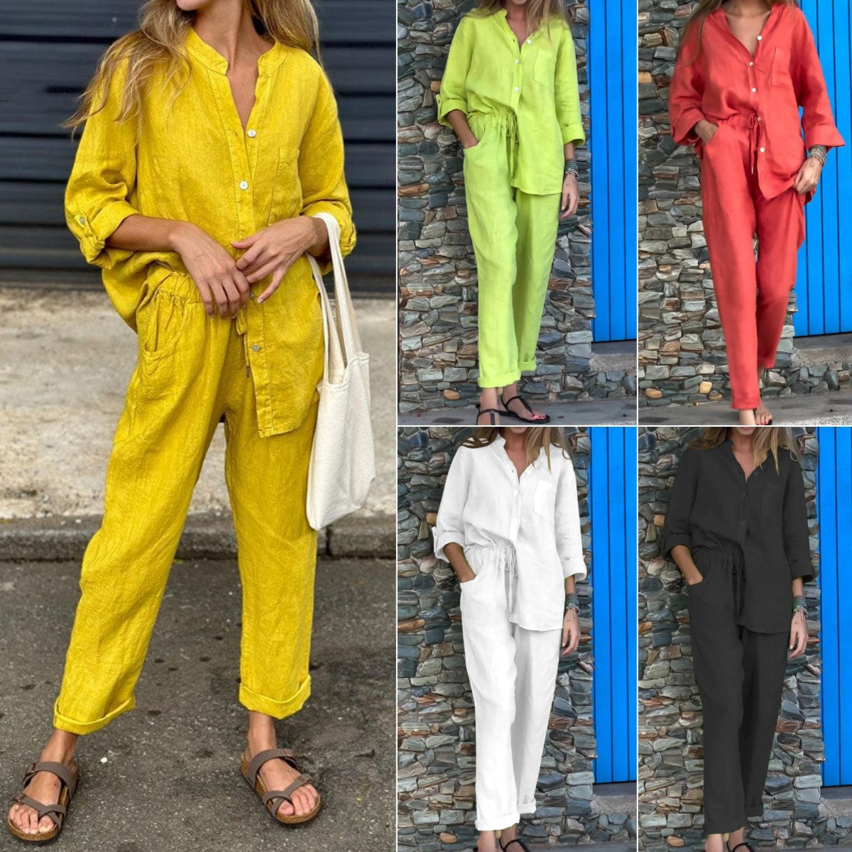 Kvinnors Skjorta och Byxor Avslappnad Bomull och Linne-4