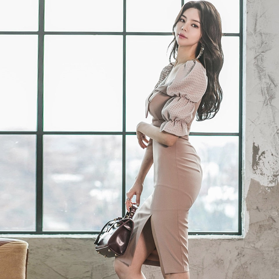 Kvinnors Midikjol V-hals Puffärmar Polyester-Spandex-3