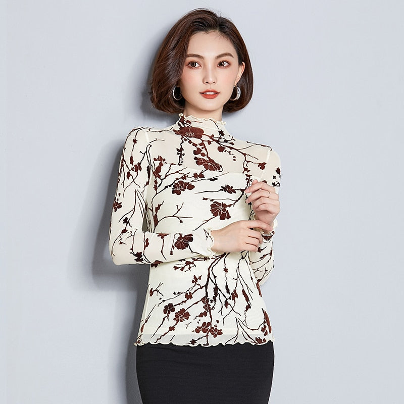 Dam Blus Långärmad Mesh Blommönster Polyester-4