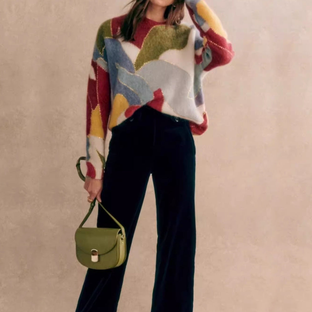 Kvinnors Vintage Stickad Tröja Cirkulär Halsringning Mjuk Fiber-4