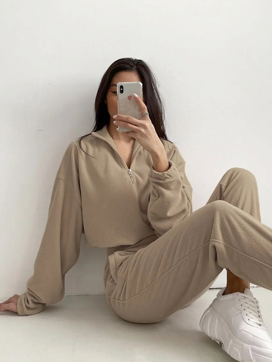 Kvinnors Fleece Set Zip Pullover och Byxor Mjuk Komfort-1