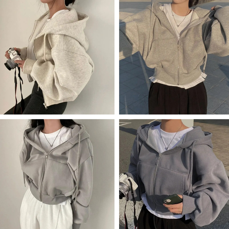 Kvinno Hoodie Avslappnad Passform 100% Bomull med Dragkedja-2