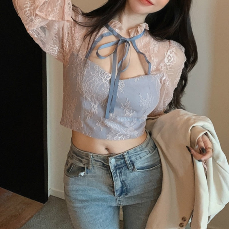 Dam Blus Transparent med Voluminösa Ärmar Polyester och Bomull-2