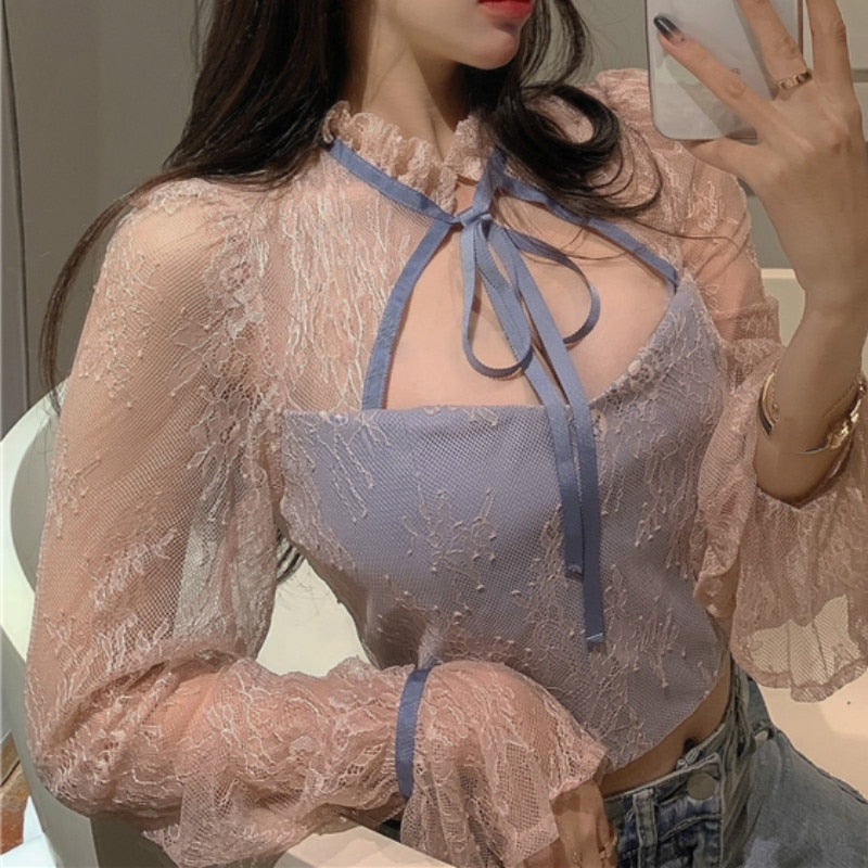 Dam Blus Transparent med Voluminösa Ärmar Polyester och Bomull-4