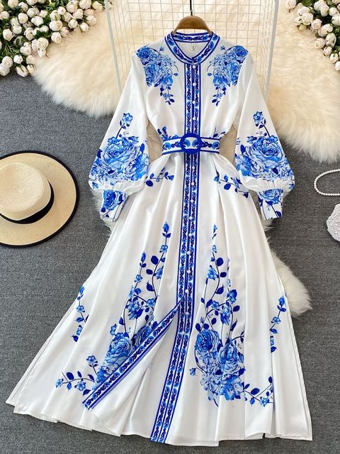 Fina Dam Klänningar Blommatryck Långa Ärmar Polyester-1