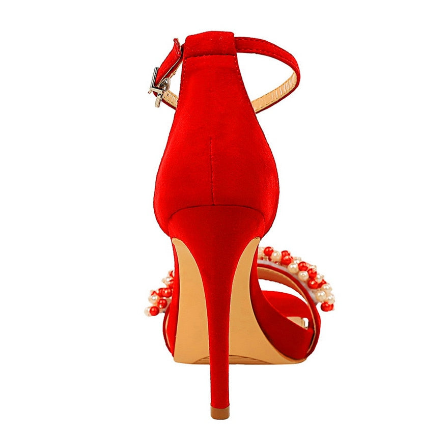 Dam Sandaler Runda Tår Smyckade Remmar Flock Tyg Extra Hög Klack-3