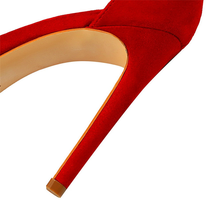 Dam Sandaler Runda Tår Smyckade Remmar Flock Tyg Extra Hög Klack-5