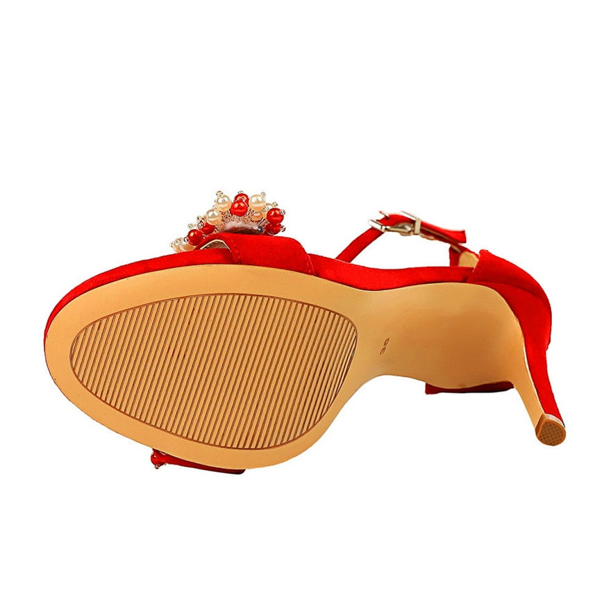 Dam Sandaler Runda Tår Smyckade Remmar Flock Tyg Extra Hög Klack-4