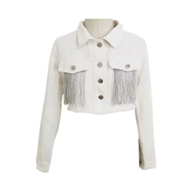 Damjacka Kort Denim med Fransar i Vintage Stil-5