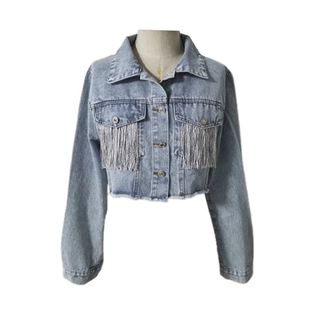Damjacka Kort Denim med Fransar i Vintage Stil-6