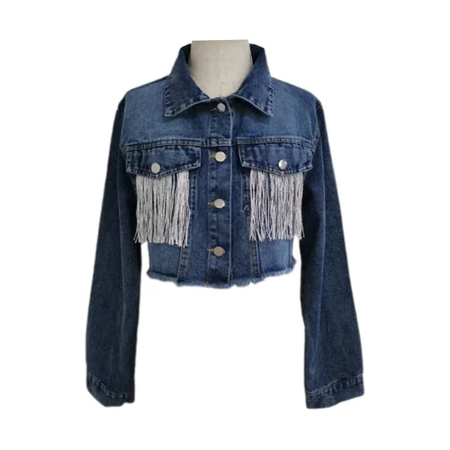 Damjacka Kort Denim med Fransar i Vintage Stil-3