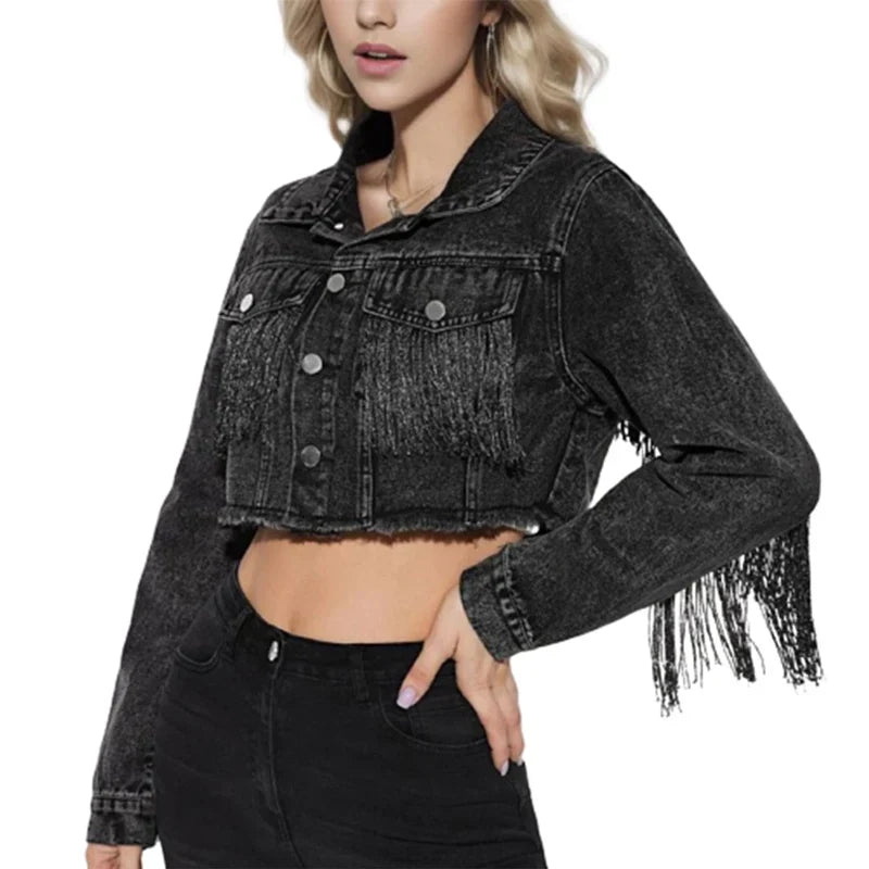 Variant image for Damjacka Kort Denim med Fransar i Vintage Stil-16
