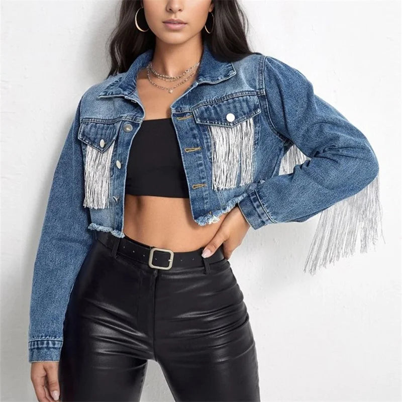 Variant image for Damjacka Kort Denim med Fransar i Vintage Stil-1
