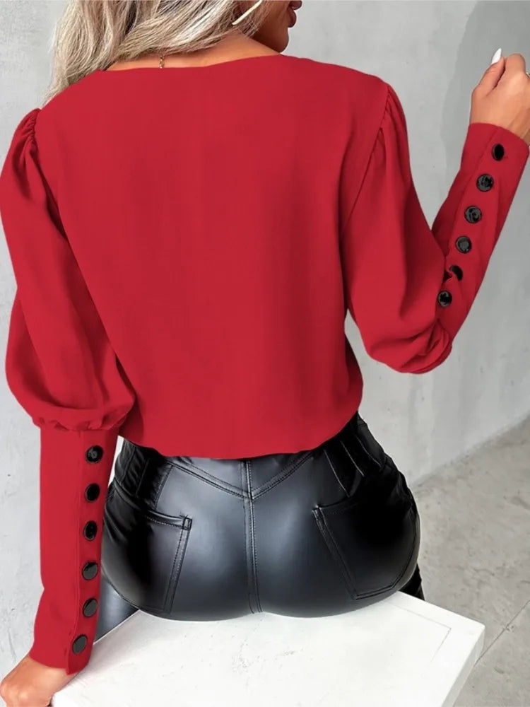 Dam Blus V-ringning Långa Ärmar Polyester Elegant 6