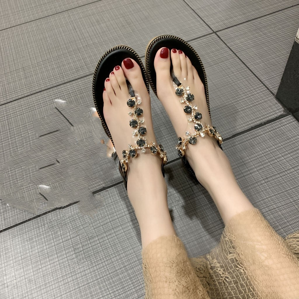 Dam Sandaler T-strap PU med Rhinestones och Platt Sula-2