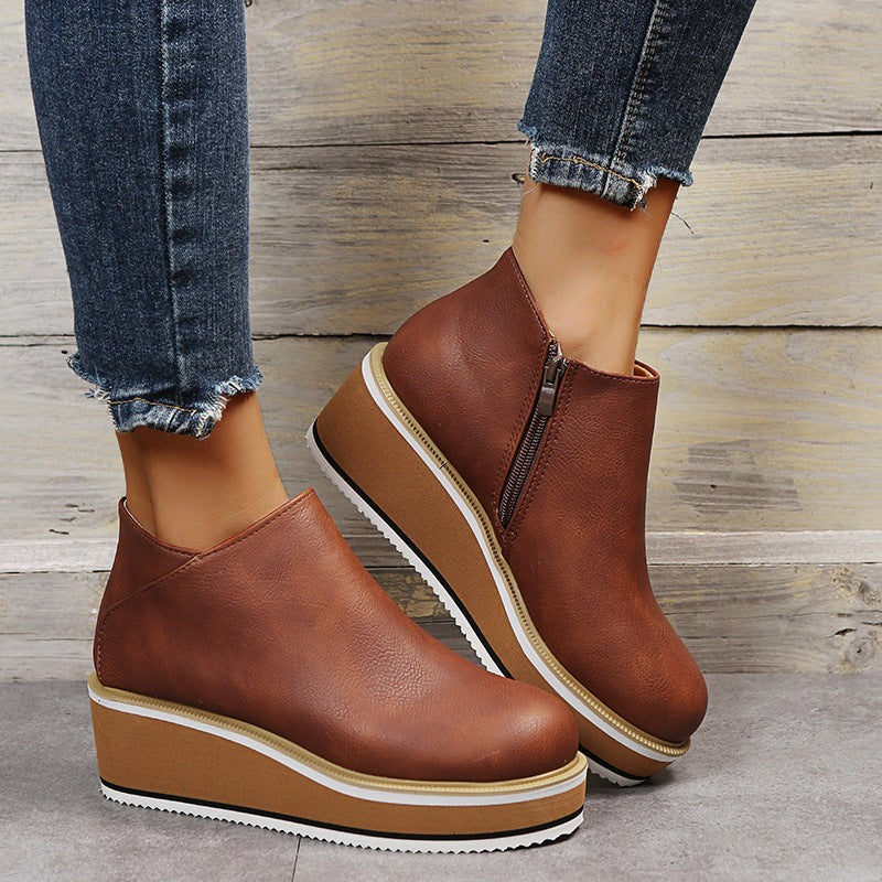 Dam Stövlar Platta Läder Plattform Elegant Komfort-2