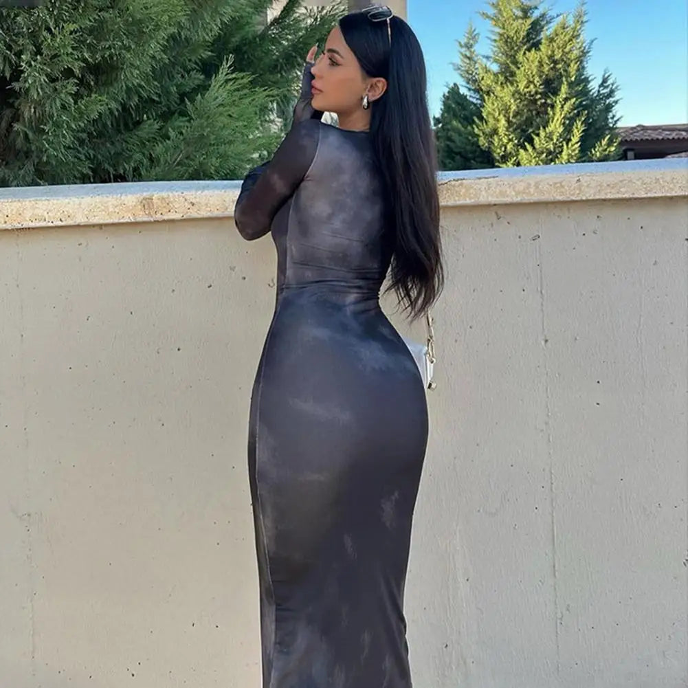 Dam Midiklänning Figurnära Batikmönster Polyester-4