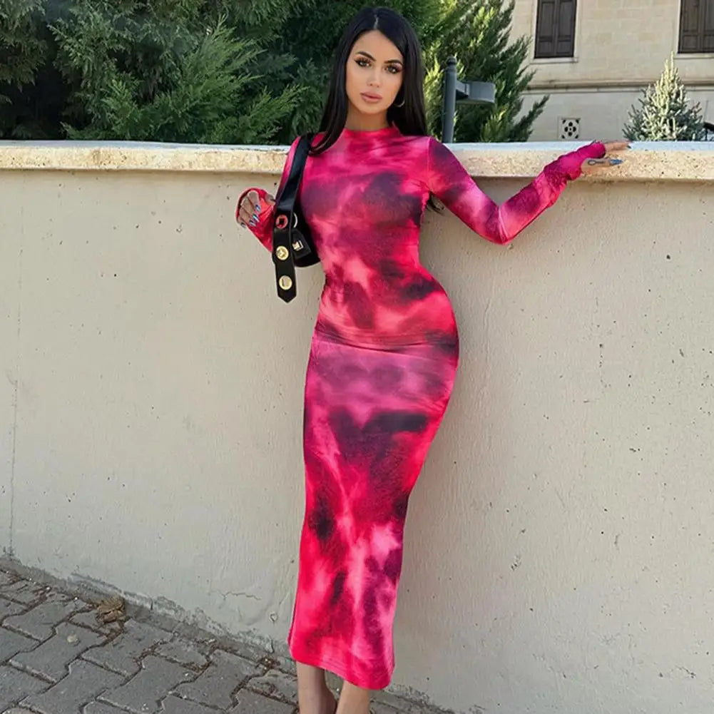 Dam Midiklänning Figurnära Batikmönster Polyester-5