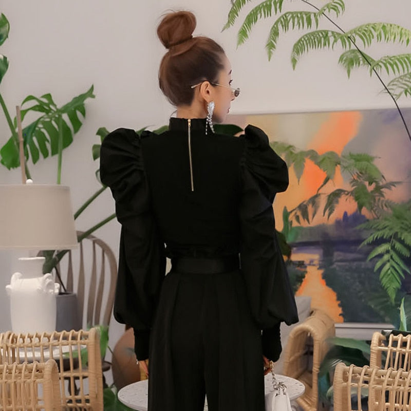 Dam Blus Puffärmar Stativkrage Bomull Polyester 4