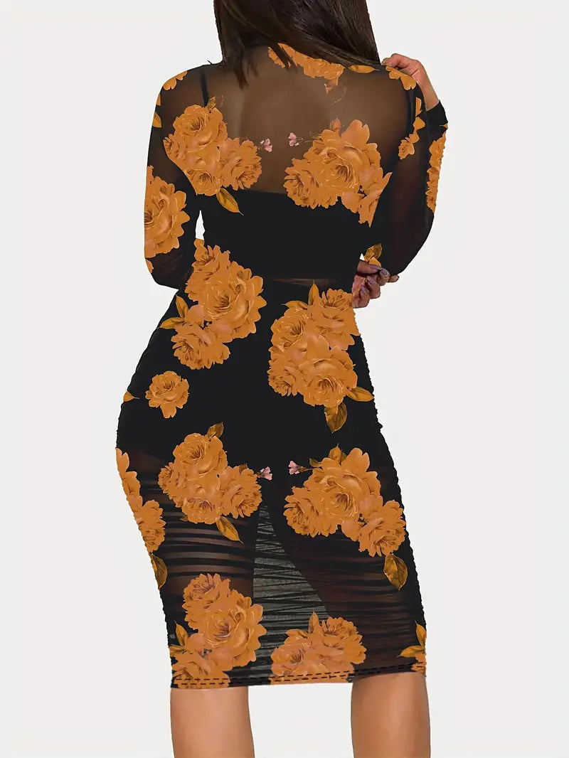 Dam Strandklänning Blommönstrad Nätverksmaterial Elegant Sommarstil-2