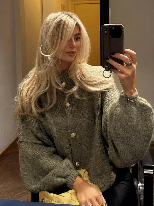 Dam Kardigan Hög Krage Akryl med Gyllene Knappar-1