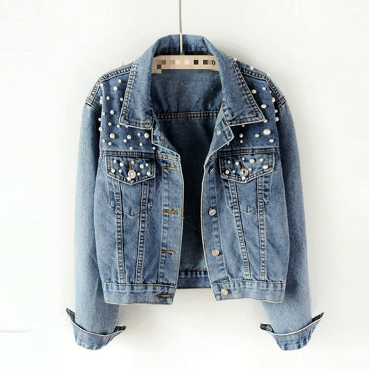 Jeansjacka Dam med PĂ€rldekoration Avslappnad Denim 1